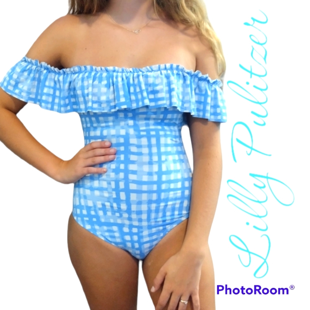 Lilly Pulitzer 2 plaid one piece fiesta swimsuit baby blue vacation